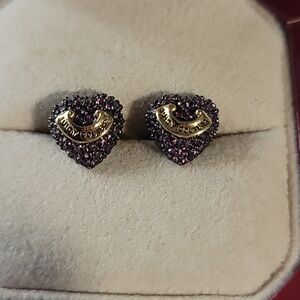 Juicy Couture Purple Crystal Heart Stud Earrings with Gold Tone Plaque